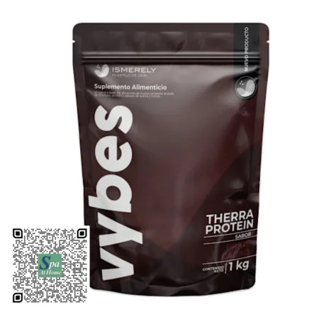 Vybes Therra Protein sabor cacao 1 kg proteína en polvo para nutrición y energíaCuchara medidora Ismerely para suplementos nutricionales en polvo